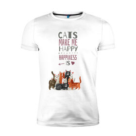 Мужская футболка хлопок Slim с принтом Кошки делают меня счастливым в Курске, 92% хлопок, 8% лайкра | приталенный силуэт, круглый вырез ворота, длина до линии бедра, короткий рукав | cat | cats | cats make me happy | happiness is | kitty | животное | животные | звери | зверь | кот | коты | котята | котятки | кошки | кошки делают меня счастливым | мур | надпись | сердечко | сердце | хищники