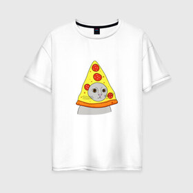 Женская футболка хлопок Oversize с принтом Кот и пицца в Курске, 100% хлопок | свободный крой, круглый ворот, спущенный рукав, длина до линии бедер
 | еда | животные | кот | кот в пицце | котик | кошка | мем | прикол | смешной | юмор