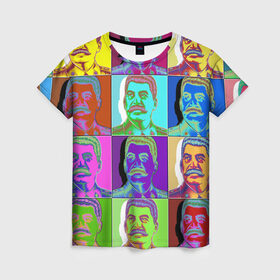 Женская футболка 3D с принтом Stalin pop-art в Курске, 100% полиэфир ( синтетическое хлопкоподобное полотно) | прямой крой, круглый вырез горловины, длина до линии бедер | chief | color | eyes | moustache | pop art | stalin | view | взгляд | вождь | глаза | поп  арт | сталин | усы | цвет