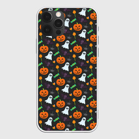 Чехол для iPhone 12 Pro с принтом Праздничный хэллоуин в Курске, силикон | область печати: задняя сторона чехла, без боковых панелей | арт | белое | джек | зеленый | конфеты | оранжевые | привидение | рисунок | светильник джека | свеча | сладкое | тёмное | тыква | тыквы | фиолетовое | фонарь джека | хэллоуин