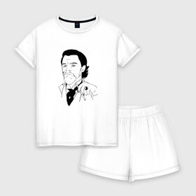 Женская пижама с шортиками хлопок с принтом Ди Каприо в Курске, 100% хлопок | футболка прямого кроя, шорты свободные с широкой мягкой резинкой | leo di | джанго освобожденный | ди каприо | леонардо ди каприо | мем ди каприо