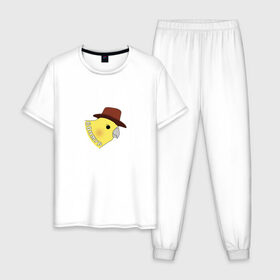 Мужская пижама хлопок с принтом Бонжур в Курске, 100% хлопок | брюки и футболка прямого кроя, без карманов, на брюках мягкая резинка на поясе и по низу штанин
 | mem | бонжур | мем | попугай | попугай в шляпе | прикол | птица | стикер | юмор