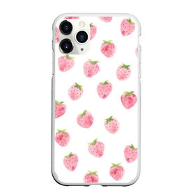 Чехол для iPhone 11 Pro Max матовый с принтом Нежная клубника в Курске, Силикон |  | арт | белый | зеленый | клубника | листья | рисунок | розовый | розовый рисунок | фрукт | фрукты | штамп | ягода | ягоды