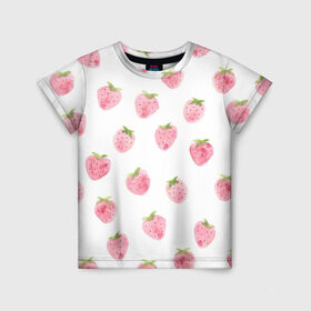 Детская футболка 3D с принтом Нежная клубника в Курске, 100% гипоаллергенный полиэфир | прямой крой, круглый вырез горловины, длина до линии бедер, чуть спущенное плечо, ткань немного тянется | арт | белый | зеленый | клубника | листья | рисунок | розовый | розовый рисунок | фрукт | фрукты | штамп | ягода | ягоды