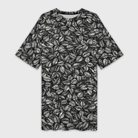 Платье-футболка 3D с принтом ЛИСТВА ЧЕРНО БЕЛОЕ в Курске,  |  | forest | tree | деревья | лес | листва | листики | листья | паттерн | растения | текстура | черно белое