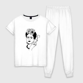 Женская пижама хлопок с принтом Фрида Кало в Курске, 100% хлопок | брюки и футболка прямого кроя, без карманов, на брюках мягкая резинка на поясе и по низу штанин | 
