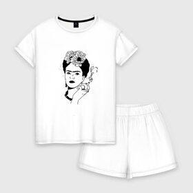 Женская пижама с шортиками хлопок с принтом Фрида Кало в Курске, 100% хлопок | футболка прямого кроя, шорты свободные с широкой мягкой резинкой | 