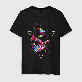 Мужская футболка хлопок с принтом Skull в Курске, 100% хлопок | прямой крой, круглый вырез горловины, длина до линии бедер, слегка спущенное плечо. | bird | blot | color | neon | paint | skull | triangle | клякса | краска | неон | птица | треугольник | цвет | череп