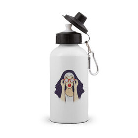 Бутылка спортивная с принтом Монашка в Курске, металл | емкость — 500 мл, в комплекте две пластиковые крышки и карабин для крепления | губы | женщина | иллюстрация | монашка | очки | язык