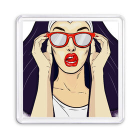Магнит 55*55 с принтом Монашка в Курске, Пластик | Размер: 65*65 мм; Размер печати: 55*55 мм | губы | женщина | иллюстрация | монашка | очки | язык