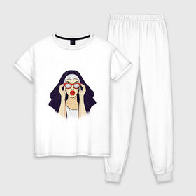 Женская пижама хлопок с принтом Монашка в Курске, 100% хлопок | брюки и футболка прямого кроя, без карманов, на брюках мягкая резинка на поясе и по низу штанин | губы | женщина | иллюстрация | монашка | очки | язык
