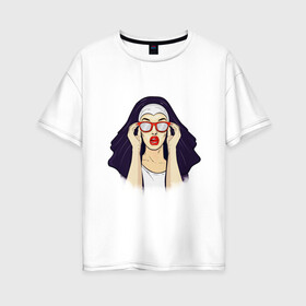 Женская футболка хлопок Oversize с принтом Монашка в Курске, 100% хлопок | свободный крой, круглый ворот, спущенный рукав, длина до линии бедер
 | губы | женщина | иллюстрация | монашка | очки | язык