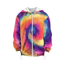 Детская куртка 3D с принтом TIE-DYE MULTICOLOR в Курске, 100% полиэстер | застежка — молния, подол и капюшон оформлены резинкой с фиксаторами, по бокам — два кармана без застежек, один потайной карман на груди, плотность верхнего слоя — 90 г/м2; плотность флисового подклада — 260 г/м2 | Тематика изображения на принте: dye | multicolor | tie | trend | акварель | брызги | градиент | дай | колор | краски | красочная | мульти | потёки | пятна | радуга | радужная | тай | тайдай | текстура | тренд | хиппи