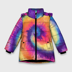 Зимняя куртка для девочек 3D с принтом TIE-DYE MULTICOLOR в Курске, ткань верха — 100% полиэстер; подклад — 100% полиэстер, утеплитель — 100% полиэстер. | длина ниже бедра, удлиненная спинка, воротник стойка и отстегивающийся капюшон. Есть боковые карманы с листочкой на кнопках, утяжки по низу изделия и внутренний карман на молнии. 

Предусмотрены светоотражающий принт на спинке, радужный светоотражающий элемент на пуллере молнии и на резинке для утяжки. | Тематика изображения на принте: dye | multicolor | tie | trend | акварель | брызги | градиент | дай | колор | краски | красочная | мульти | потёки | пятна | радуга | радужная | тай | тайдай | текстура | тренд | хиппи