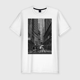 Мужская футболка хлопок Slim с принтом город в Курске, 92% хлопок, 8% лайкра | приталенный силуэт, круглый вырез ворота, длина до линии бедра, короткий рукав | автомобили | велосипед | велосипедист | высотки | город | дома | дорога | люди | машины | чб