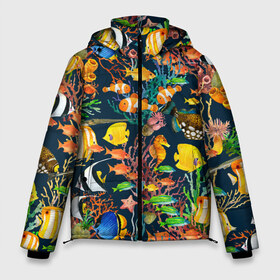 Мужская зимняя куртка 3D с принтом Морской мир в Курске, верх — 100% полиэстер; подкладка — 100% полиэстер; утеплитель — 100% полиэстер | длина ниже бедра, свободный силуэт Оверсайз. Есть воротник-стойка, отстегивающийся капюшон и ветрозащитная планка. 

Боковые карманы с листочкой на кнопках и внутренний карман на молнии. | абстракция | аквариум | вода | водный мир | линия | море | нейтральная | океан | рыба | рыбки | рыбы | текстуры | узоры