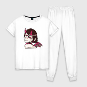 Женская пижама хлопок с принтом Девочка демон в Курске, 100% хлопок | брюки и футболка прямого кроя, без карманов, на брюках мягкая резинка на поясе и по низу штанин | cartoon | cat | cute | girls | japan | japanese | kawaii | kitty | manga | tsundere | waifu | yandere | аниме | анимэ | вайфу | дандере | девочка | девушка | демон | кавайная | котик | манга | мультик | мультики | рога | цундере | яндере | япон