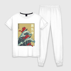Женская пижама хлопок с принтом Dragons Surfing в Курске, 100% хлопок | брюки и футболка прямого кроя, без карманов, на брюках мягкая резинка на поясе и по низу штанин | big | great | hokusai | japan | japanese | kanagawa | kanji | retrowave | style | wave | большая | вапорвейв | великая | волна | дракон | дракончики | драконы | иероглифы | канагава | кандзи | паровая волна | ретровейв | серф | серфиг | стил