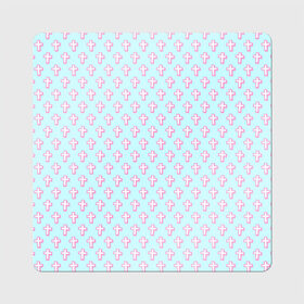 Магнит виниловый Квадрат с принтом Розовые крестики в Курске, полимерный материал с магнитным слоем | размер 9*9 см, закругленные углы | арт | белый | готика | крест | крестики | кресты | рисунок | розовый | синий