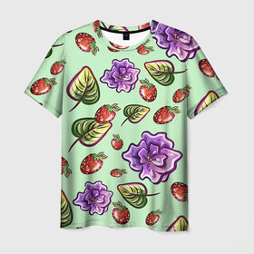 Мужская футболка 3D с принтом Роза и земляника в Курске, 100% полиэфир | прямой крой, круглый вырез горловины, длина до линии бедер | арт | зеленый | земляника | красный | листок | листья | рисунок | роза | розы | салатовый | фиолетовая роза | фиолетовые розы | фиолетовый | цветок | цветы | ягода | ягоды