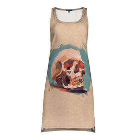 Платье-майка 3D с принтом Череп в Курске, 100% полиэстер | полуприлегающий силуэт, широкие бретели, круглый вырез горловины, удлиненный подол сзади. | бежевая | прикольная | принт | ромео и джульетта | скелет | череп | черепа