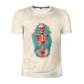 Мужская футболка 3D спортивная с принтом Скелет Джо в Курске, 100% полиэстер с улучшенными характеристиками | приталенный силуэт, круглая горловина, широкие плечи, сужается к линии бедра | Тематика изображения на принте: бежевая | прикольная | принт | скелет | смешная | череп