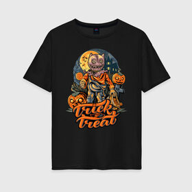 Женская футболка хлопок Oversize с принтом Trick or treat. Хэллоуин в Курске, 100% хлопок | свободный крой, круглый ворот, спущенный рукав, длина до линии бедер
 | halloween | helloween | trick or treat | монстры | приколы | тыква | ужасы | хеллоуин | хэллоуин