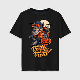 Женская футболка хлопок Oversize с принтом Trick or treat. Хэллоуин в Курске, 100% хлопок | свободный крой, круглый ворот, спущенный рукав, длина до линии бедер
 | halloween | helloween | trick or treat | монстры | приколы | тыква | ужасы | хеллоуин | хэллоуин