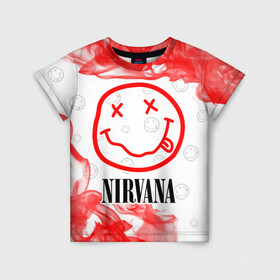 Детская футболка 3D с принтом NIRVANA / НИРВАНА в Курске, 100% гипоаллергенный полиэфир | прямой крой, круглый вырез горловины, длина до линии бедер, чуть спущенное плечо, ткань немного тянется | band | cobain | face | kurt | logo | music | nirvana | rock | rocknroll | группа | кобейн | курт | лого | логотип | музыка | музыкальная | нирвана | рожица | рок | рокнролл | символ