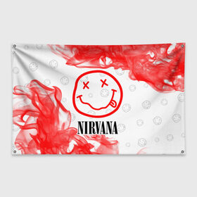 Флаг-баннер с принтом NIRVANA / НИРВАНА в Курске, 100% полиэстер | размер 67 х 109 см, плотность ткани — 95 г/м2; по краям флага есть четыре люверса для крепления | band | cobain | face | kurt | logo | music | nirvana | rock | rocknroll | группа | кобейн | курт | лого | логотип | музыка | музыкальная | нирвана | рожица | рок | рокнролл | символ