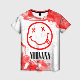 Женская футболка 3D с принтом NIRVANA / НИРВАНА в Курске, 100% полиэфир ( синтетическое хлопкоподобное полотно) | прямой крой, круглый вырез горловины, длина до линии бедер | band | cobain | face | kurt | logo | music | nirvana | rock | rocknroll | группа | кобейн | курт | лого | логотип | музыка | музыкальная | нирвана | рожица | рок | рокнролл | символ