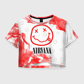 Женская футболка Crop-top 3D с принтом NIRVANA / НИРВАНА в Курске, 100% полиэстер | круглая горловина, длина футболки до линии талии, рукава с отворотами | band | cobain | face | kurt | logo | music | nirvana | rock | rocknroll | группа | кобейн | курт | лого | логотип | музыка | музыкальная | нирвана | рожица | рок | рокнролл | символ
