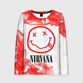 Женский лонгслив 3D с принтом NIRVANA / НИРВАНА в Курске, 100% полиэстер | длинные рукава, круглый вырез горловины, полуприлегающий силуэт | band | cobain | face | kurt | logo | music | nirvana | rock | rocknroll | группа | кобейн | курт | лого | логотип | музыка | музыкальная | нирвана | рожица | рок | рокнролл | символ