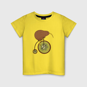 Детская футболка хлопок с принтом Киви на велосипеде в Курске, 100% хлопок | круглый вырез горловины, полуприлегающий силуэт, длина до линии бедер | Тематика изображения на принте: bike | bird | birds | circus | cute | fruit | funny | kiwi | байк | берд | большое колесо | в разрезе | клюв | милая | милота | не достает до педалей | пополам | прикол | природа | птичка | с большим колесом | смешная | фрукт | 