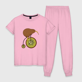 Женская пижама хлопок с принтом Киви на велосипеде в Курске, 100% хлопок | брюки и футболка прямого кроя, без карманов, на брюках мягкая резинка на поясе и по низу штанин | bike | bird | birds | circus | cute | fruit | funny | kiwi | байк | берд | большое колесо | в разрезе | клюв | милая | милота | не достает до педалей | пополам | прикол | природа | птичка | с большим колесом | смешная | фрукт | 