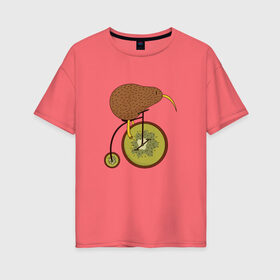 Женская футболка хлопок Oversize с принтом Киви на велосипеде в Курске, 100% хлопок | свободный крой, круглый ворот, спущенный рукав, длина до линии бедер
 | bike | bird | birds | circus | cute | fruit | funny | kiwi | байк | берд | большое колесо | в разрезе | клюв | милая | милота | не достает до педалей | пополам | прикол | природа | птичка | с большим колесом | смешная | фрукт | 