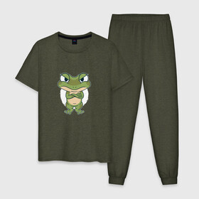 Мужская пижама хлопок с принтом Сердитый лягушонок в Курске, 100% хлопок | брюки и футболка прямого кроя, без карманов, на брюках мягкая резинка на поясе и по низу штанин
 | Тематика изображения на принте: angry | bite | bites | cute | frog | froggy | frogs | grumpy | paw | paws | братец | возмущение | забавный | земноводное | земноводные | ква | лапка | лапки | лягушка | милота | милый | недовольный | обиделся | обижулька | сердится