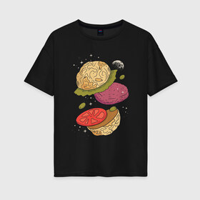 Женская футболка хлопок Oversize с принтом Луна бургер в Курске, 100% хлопок | свободный крой, круглый ворот, спущенный рукав, длина до линии бедер
 | burger | food | funny | galaxy | hamburger | illustration | joke | moon | planet | space | start | булочки | в разрезе | галактика | гамбургер | гриль | еда | звезды | иллюстрация | космос | котлета | лист | оливки | планета | прикол | разрез | 
