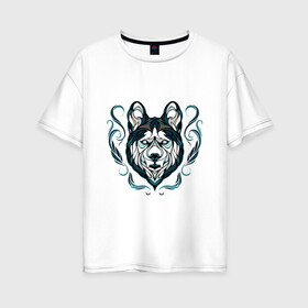 Женская футболка хлопок Oversize с принтом Хаски в Курске, 100% хлопок | свободный крой, круглый ворот, спущенный рукав, длина до линии бедер
 | волк | друг человека | зима | лайка | маламут | пес | питомец | север | сибирь | снег | собака | собачка | хаски | хатико | щенок