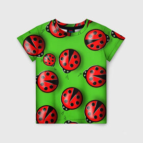 Детская футболка 3D с принтом Божьи коровки в Курске, 100% гипоаллергенный полиэфир | прямой крой, круглый вырез горловины, длина до линии бедер, чуть спущенное плечо, ткань немного тянется | божья коровка | брошки | гиганты | зеленая | зелень | картина | корова | красная | летняя тематика | насекомые | позитив | фауна | флора | юмор