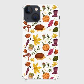 Чехол для iPhone 13 mini с принтом Уют, ежи, листья и банка варенья в Курске,  |  | home | hygge | домашний | зонтик | малина | минимализм | осень | хюгге