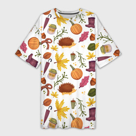 Платье-футболка 3D с принтом Уют, ежи, листья и банка варенья в Курске,  |  | home | hygge | домашний | зонтик | малина | минимализм | осень | хюгге