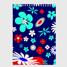 Скетчбук с принтом Lorri в Курске, 100% бумага
 | 48 листов, плотность листов — 100 г/м2, плотность картонной обложки — 250 г/м2. Листы скреплены сверху удобной пружинной спиралью | blue | flowers | leaves | patterns | summer | texture | летний | листки | синий | текстура | узоры | цветы