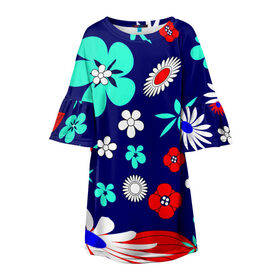 Детское платье 3D с принтом Lorri в Курске, 100% полиэстер | прямой силуэт, чуть расширенный к низу. Круглая горловина, на рукавах — воланы | blue | flowers | leaves | patterns | summer | texture | летний | листки | синий | текстура | узоры | цветы