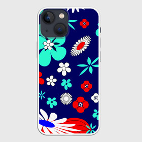 Чехол для iPhone 13 mini с принтом Lorri в Курске,  |  | Тематика изображения на принте: blue | flowers | leaves | patterns | summer | texture | летний | листки | синий | текстура | узоры | цветы