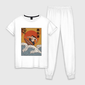 Женская пижама хлопок с принтом Samurai Surfing в Курске, 100% хлопок | брюки и футболка прямого кроя, без карманов, на брюках мягкая резинка на поясе и по низу штанин | art | big | great | hokusai | illustration | japan | japanese | kanagawa | retrowave | sumo | surf | tsunami | vaportave | wave | yamato | гравюра | иллюстрация | искусство | самурай | серфинг | сумо | укиё э | цунами | ямато э | япония | японс