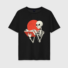 Женская футболка хлопок Oversize с принтом Читающий скелет в Курске, 100% хлопок | свободный крой, круглый ворот, спущенный рукав, длина до линии бедер
 | book | dark | death | demon | grim | halloween | horror | reaper | side | skeleton | soul | souls | демон | душ | душа | жнец | книга | мертвых | мистика | мрачный | некрономикон | скелеты | собиратель | темный | ужасы | хоррор | хэлло