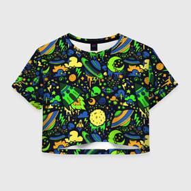 Женская футболка Crop-top 3D с принтом НЛО в Курске, 100% полиэстер | круглая горловина, длина футболки до линии талии, рукава с отворотами | aliens | patterns | rockets | space | texture | инопланетяни | космос | ракеты | текстура | узоры
