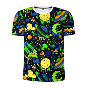 Мужская футболка 3D спортивная с принтом НЛО в Курске, 100% полиэстер с улучшенными характеристиками | приталенный силуэт, круглая горловина, широкие плечи, сужается к линии бедра | aliens | patterns | rockets | space | texture | инопланетяни | космос | ракеты | текстура | узоры