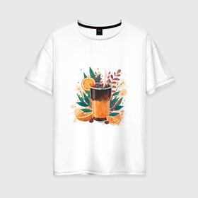 Женская футболка хлопок Oversize с принтом бодрящий коктейль в Курске, 100% хлопок | свободный крой, круглый ворот, спущенный рукав, длина до линии бедер
 | Тематика изображения на принте: апельсин | бодрость | витамины | коктейль | кофе | лето | напиток | яркий